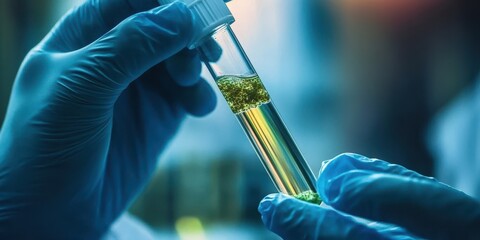Scientist examining a bacteria sample in a test tube during medical research on legionella in a laboratory setting