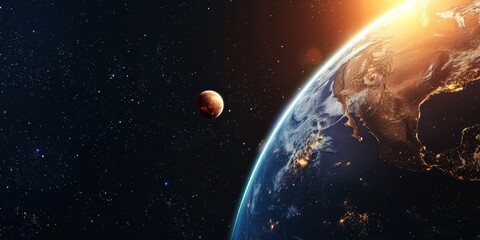 Obraz premium A massive star illuminating a small super-Earth exoplanet orbiting nearby captured by a space telescope