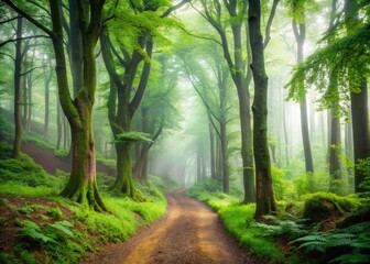 Fototapeta premium Serene and misty woodland scene in a protected nature reserve, featuring towering trees, lush green undergrowth, and a winding dirt path disappearing into the fog.