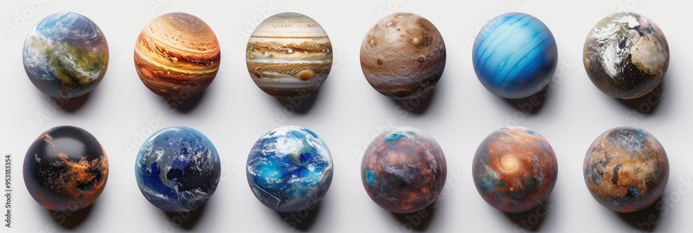 Canvas Prints a diverse collection of realistic exoplanets displayed on a white background, showcasing unique char