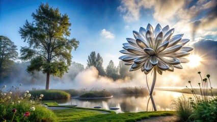 Serene fusion of organic and synthetic elements as a blooming flower bursts forth from a sleek, modern, metallic sculpture amidst misty morning fog.