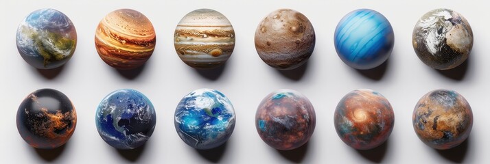 A diverse collection of realistic exoplanets displayed on a white background, showcasing unique characteristics and formations