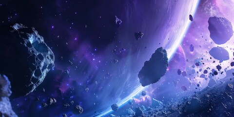 Exploration of an asteroid belt surrounding a distant planet with vibrant cosmic colors in a deep space setting