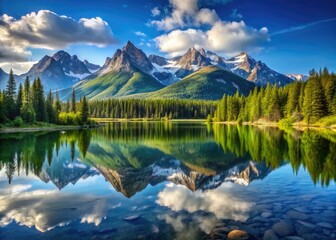 Serene landscape of a majestic mountain range reflected in a calm lake's glassy surface, surrounded by lush greenery under a bright blue sky.