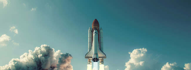 A space rocket prepares for launch on the pad under a panoramic sky filled with clouds and blue hues during a sunny day