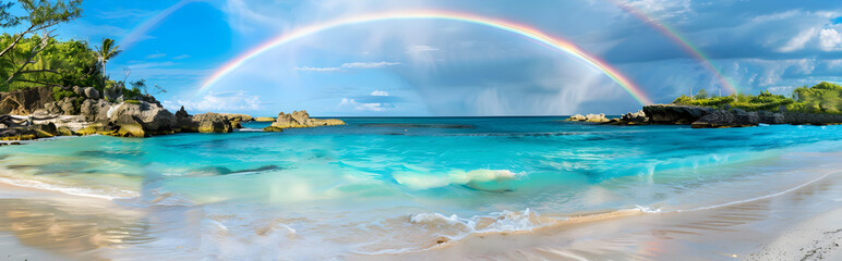 The beautiful beach with rainbow in the background with blue sky and sand