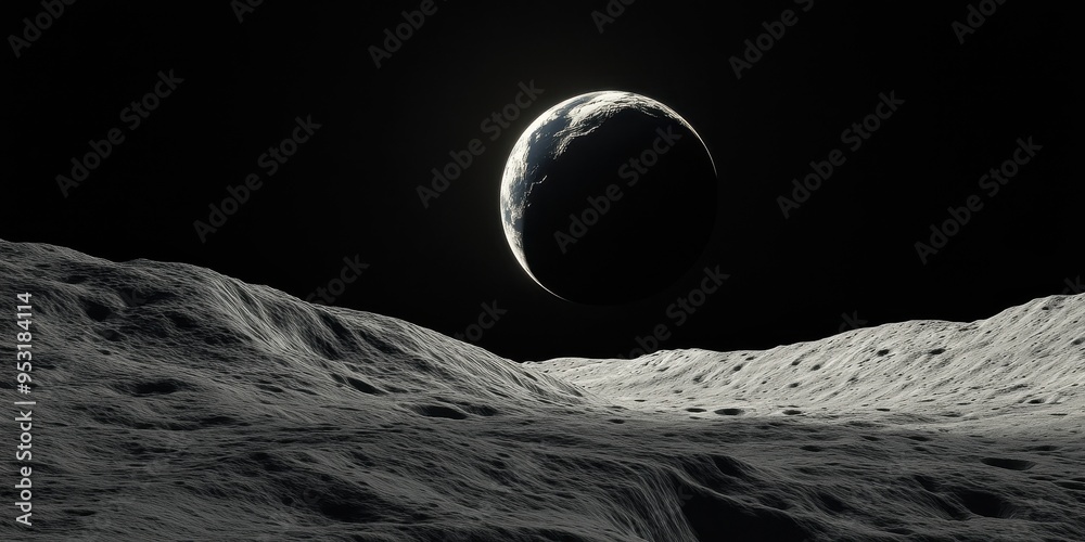 Sticker view of earth during a partial eclipse from the moon's surface, featuring a darkened hemisphere agai