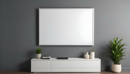A large white framed canvas or projection screen mounted on a gray wall above a modern gray cabinet or entertainment.