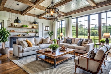 Fototapeta premium Farmhouse interior design of modern living room