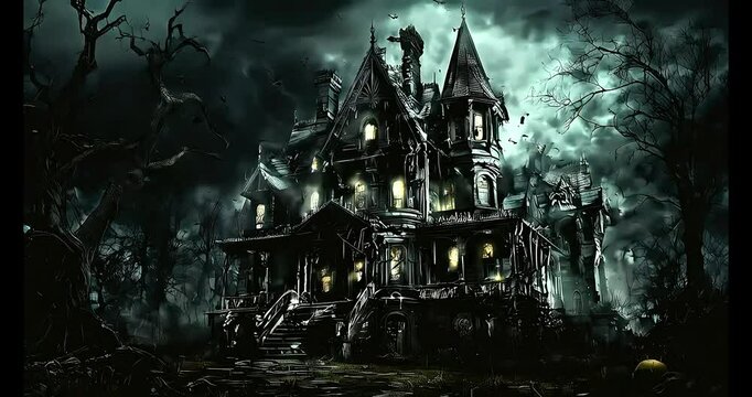 Creepy and mysterious haunted house in a dark forest footage video animation