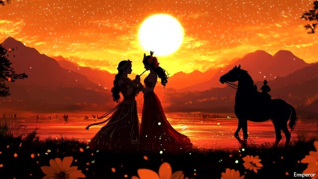 two beautiful princesses playing the flute, on a beautiful afternoon when the sun was about to set, accompanied by a prince on a horse