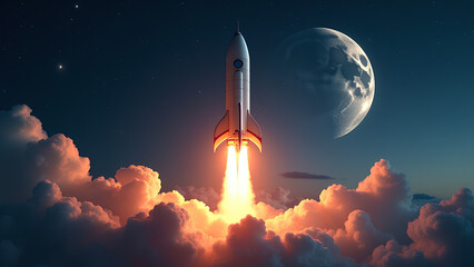 Rocket flies to moon Spaceship lift off into the starry sky Rocket starts into space