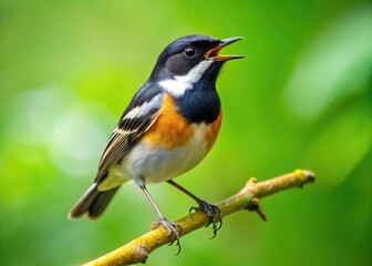 Small, brown-streaked songbird with distinctive black throat patch and white wing bars perches on a branch, singing sweet melodies in a lush green forest.