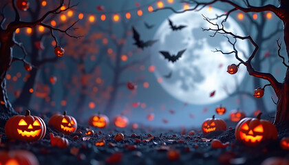 Spooky Halloween Forest with Jack-o'-Lanterns and Bats under Full Moon