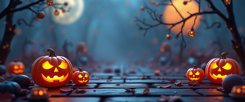Spooky Halloween Forest Path: Jack-O-Lantern Lanterns on Cobblestone Road