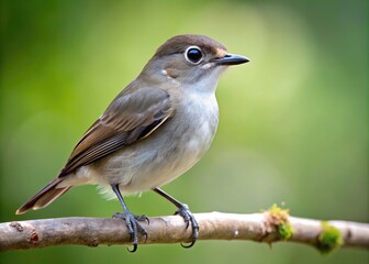 Fototapeta premium Small, gray-brown bird with white eye ring, black crown, and white underparts perched on branch, looking alert, with subtle natural habitat background.
