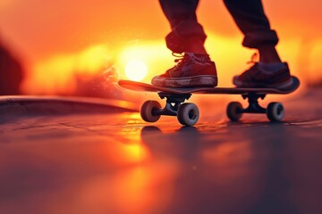 A person skateboarding at sunset with a vibrant orange and pink sky in the background