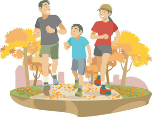 秋の公園をランニングする家族のイラスト