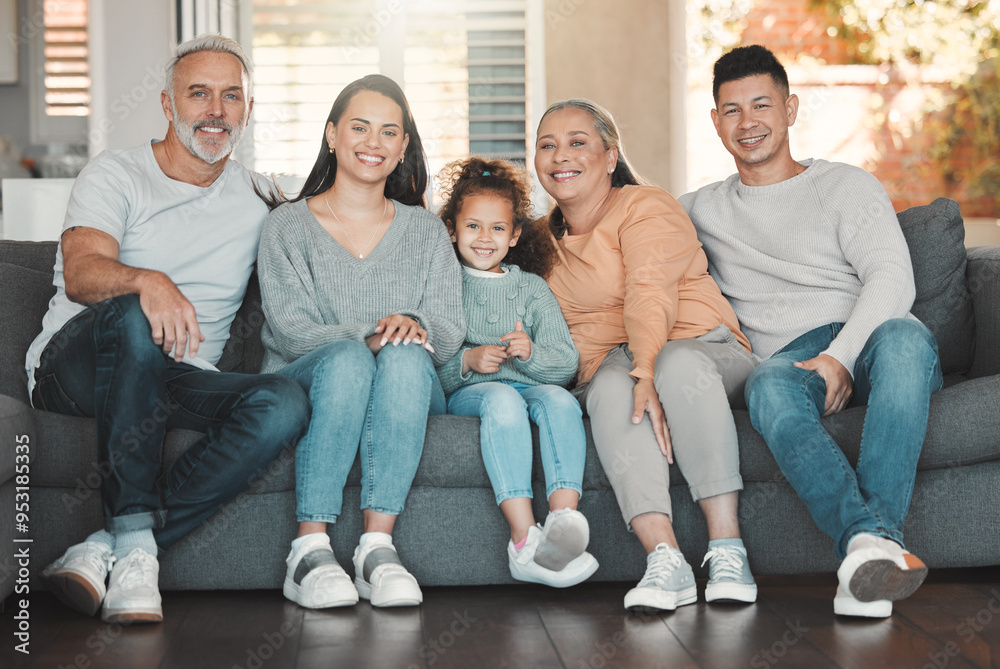 Wall mural Relax, portrait and family generations on sofa in home for bonding, security and pride. Smile, happy and girl child with parents and grandparents in living room for care, love or connection at house.