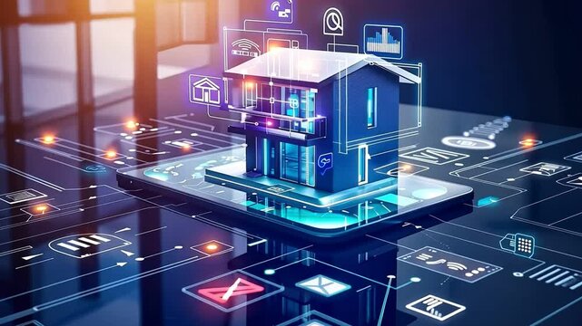 A futuristic smart home concept with digital icons, representing automation and connectivity.