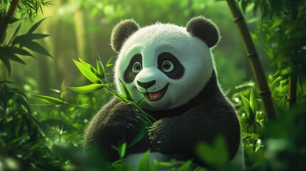 Obraz premium A panda bear munching on bamboo, showcasing the gentle and endearing qualities of this beloved animal.