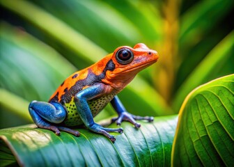 Obraz premium Tiny Vibrantly Colored Poison Dart Frog Perched On A Vibrant Green Leaf In A Lush Tropical Rainforest Environment.