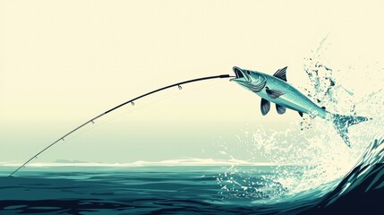 A dynamic fish leaps from the ocean, caught on a fishing line, creating splashes in a serene sea setting.