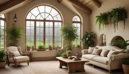 A cozy and rustic living room with an arched window overlooking a lush outdoor scene. The room features a plush beige sofa, a wooden coffee table, and a large potted plant.