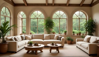 A cozy and rustic living room with an arched window overlooking a lush outdoor scene. The room features a plush beige sofa, a wooden coffee table, and a large potted plant.