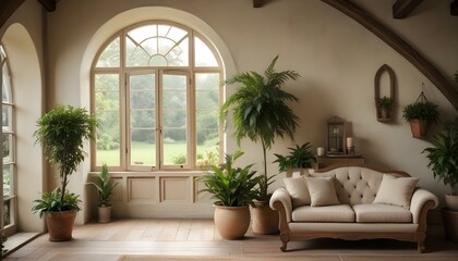 A cozy and rustic living room with an arched window overlooking a lush outdoor scene. The room features a plush beige sofa, a wooden coffee table, and a large potted plant.