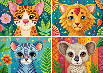 Fototapeta premium Vibrant and colorful illustrated poster set featuring adorable animals, including a cat, dog, elephant, giraffe, and monkey, on bright backgrounds with fun patterns and textures.