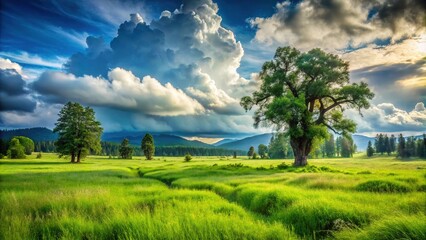 A serene meadow unfolds beneath a canopy of clouds, with tall grasses whispering secrets to the wind, amidst a timeless backdrop of gnarled tree trunks.