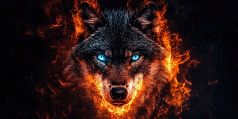 A black backdrop with an image of a blue-eyed wolf with flames surrounding its face in the foreground.