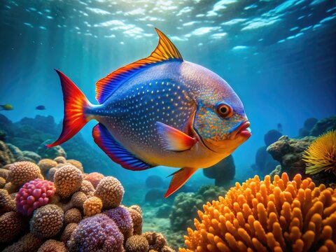 Vibrant blue and orange opah fish swims against a coral reef background, its circular body and fins accentuated by the warm sunlight filtering down.