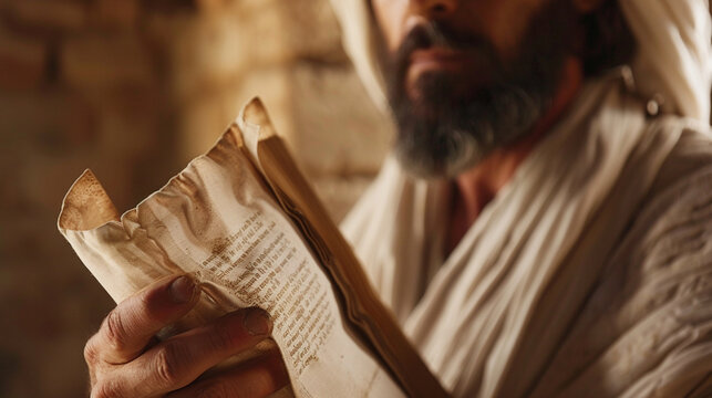 A close-up of Jesus holding a scroll in one hand while preaching, with focus on the details of the scroll and His hand.