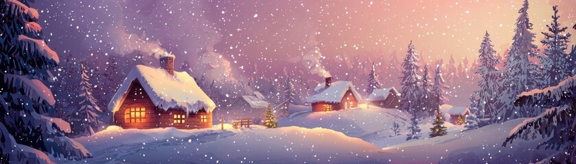 A picturesque winter cottage scene under soft falling snow, perfect for holiday themes and cozy atmospheres.