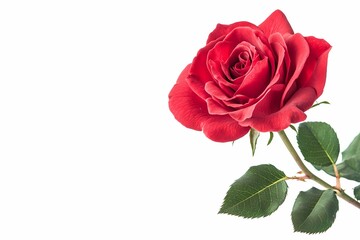 Close-up of a stunning red rose with lush green leaves against a white background, symbolizing love and romance.