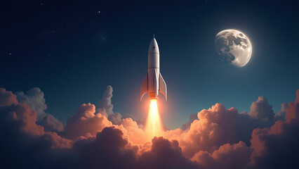 Fototapeta premium Rocket flies to moon Spaceship lift off into the starry sky Rocket starts into space