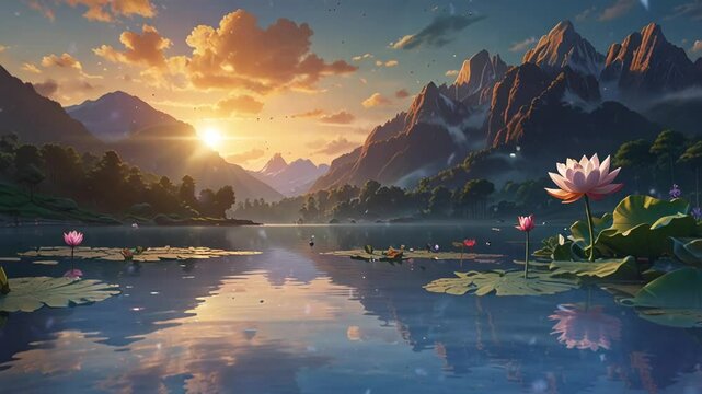 illustration of a buda meditating in a lake, smooth looping video 4k.