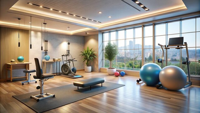 A serene physical therapy studio with modern equipment, dim lighting, and calming colors, featuring a stationary bicycle and exercise balls for rehabilitation sessions.