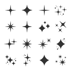 Shine or sparkle vector set of eighteen various stars in black color on white background. Sparkle star icons. Shine icon. Stars sparkle doodles vector.