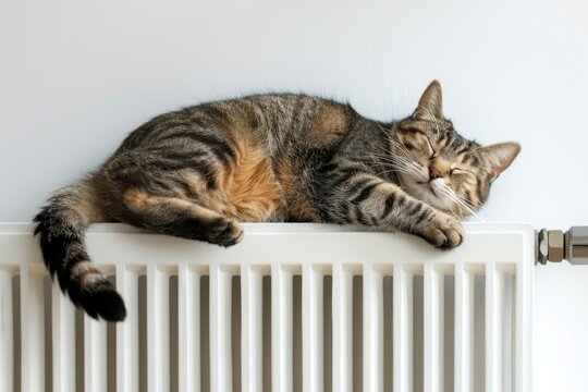 A domestic cat reclining on top of a white heating radiator, possibly resting or observing surroundings