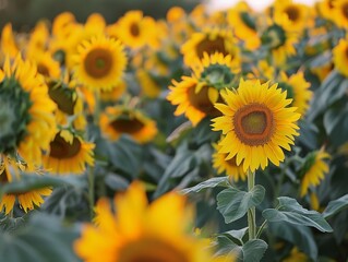 Fototapeta premium Golden Hour Glow: Capturing the Beauty of a Sunflower Field at Sunset