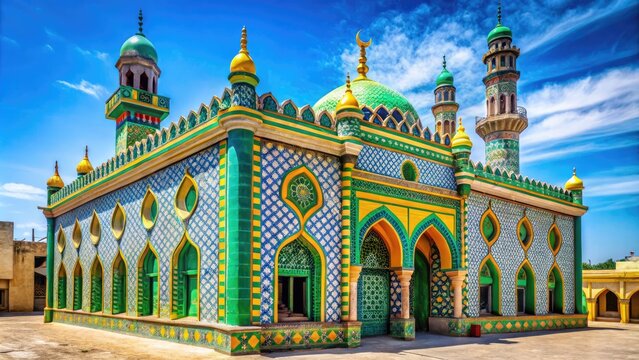 Vibrant colors and intricate patterns adorn the exterior of a ancient mosque in Mogadishu, capturing the rich cultural heritage of Somalia's Islamic architecture.