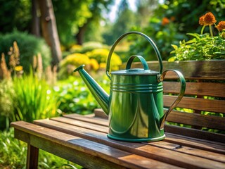 A shiny green watering can sits on a worn wooden bench, amidst lush foliage, its curved spout and comfortable handle inviting use in a serene garden.