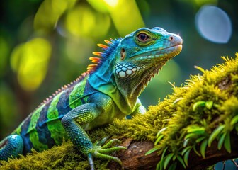 Obraz premium Vibrant Fiji banded iguana perches on a moss-covered tree branch, its scales glistening in the sunlight, showcasing its striking green and blue coloration.