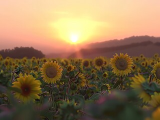 Obraz premium Dawn's Radiance: A Stunning Sunflower Field at Sunrise