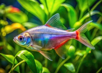 Fototapeta premium Vibrant freshwater pristella maxillaris fish, also known as x-ray fish, swim amidst aquatic plants in a transparent aquarium, showcasing their unique translucent scales.
