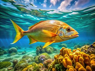 Naklejka premium Vibrant golden dorado fish swims majestically in turquoise Caribbean waters, its iridescent scales shimmering in sunlight, surrounded by coral reef and seaweed.