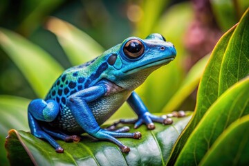 Fototapeta premium Vibrant green and blue dart frog perches on a leaf in a lush, misty tropical rainforest, its bright eyes fixed on the surrounding vegetation.